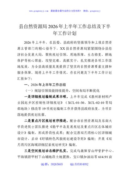 县自然资源局2026年上半年工作总结及下半年工作计划