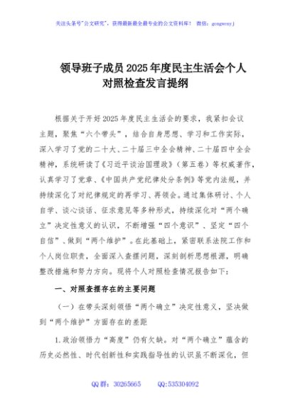 领导班子成员2025年度民主生活会个人对照检查发言提纲