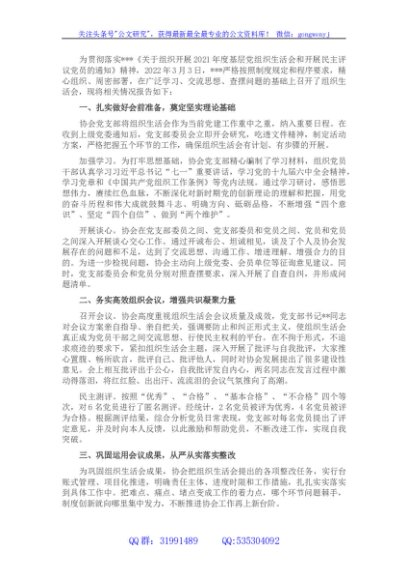 行业协会组织生活会和民主评议党员情况报告