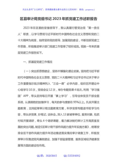 区县审计局党组书记2023年抓党建工作述职报告