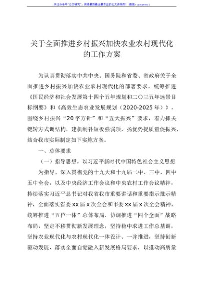 关于全面推进乡村振兴加快农业农村现代化的工作方案