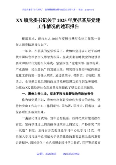 XX镇党委书记关于2025年度抓基层党建工作情况的述职报告