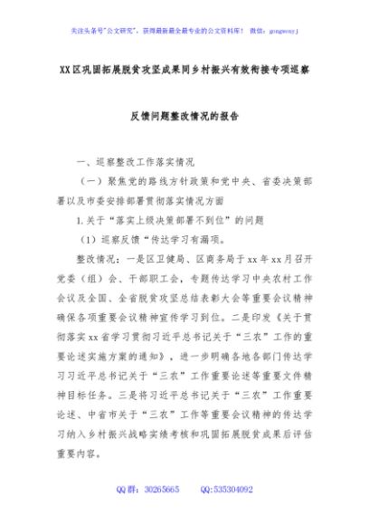 XX区巩固拓展脱贫攻坚成果同乡村振兴有效衔接专项巡察反馈问题整改情况的报告