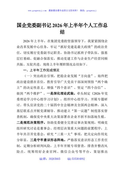 国企党委副书记2026年上半年个人工作总结