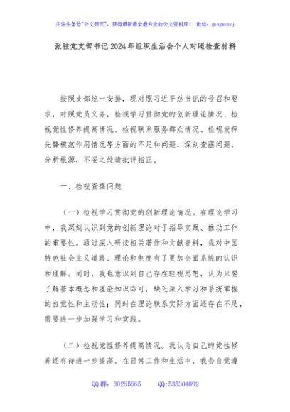 派驻党支部书记2024年组织生活会个人对照检查材料