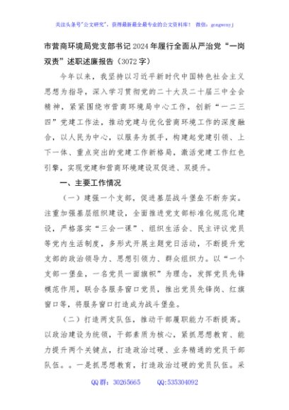 市营商环境局党支部书记2024年履行全面从严治党“一岗双责”述职述廉报告（3072字）