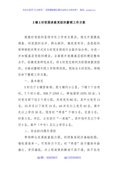 X镇X村软弱涣散党组织整顿工作方案