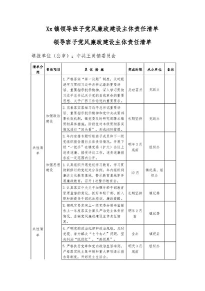 Xx镇领导班子党风廉政建设主体责任清单