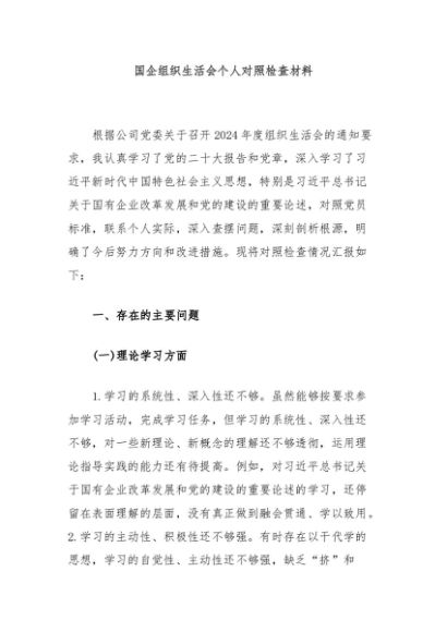 国企组织生活会个人对照检查材料