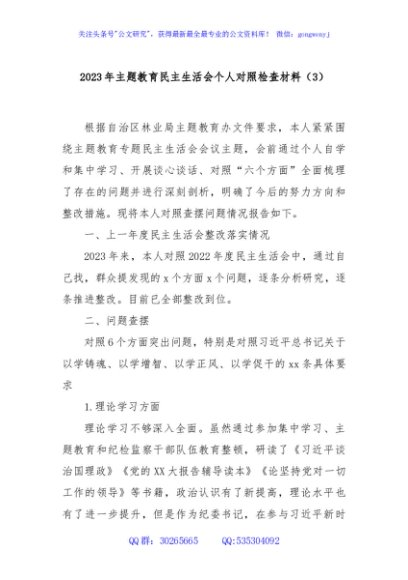 2023年主题教育民主生活会个人对照检查材料（3）