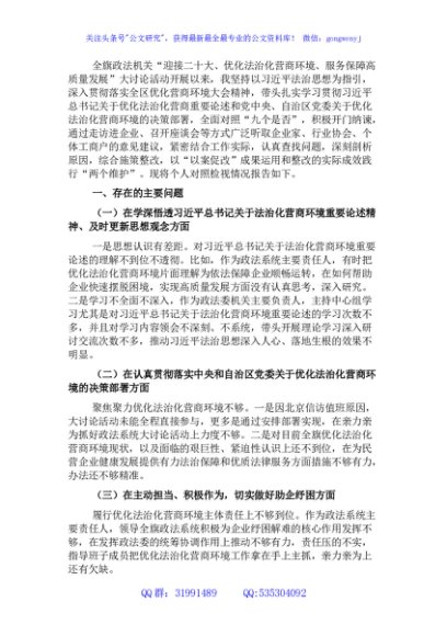 政法机关“优化法治化营商环境、服务保障高质量发展”大讨论活动对照检视材料发言