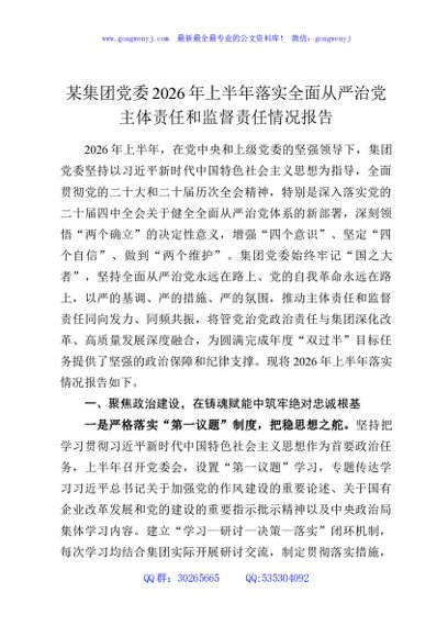 某集团党委2026年上半年落实全面从严治党主体责任和监督责任情况报告
