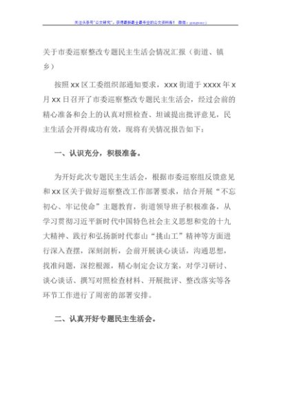 关于市委巡察整改专题民主生活会情况汇报（街道、镇乡）