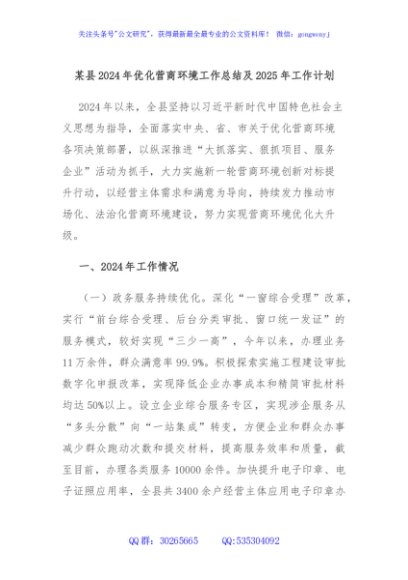 某县2024年优化营商环境工作总结及2025年工作计划