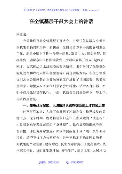 在全镇基层干部大会上的讲话