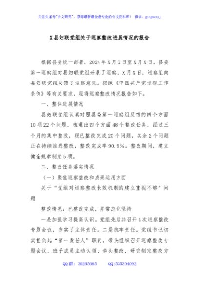 X县妇联党组关于巡察整改进展情况的报告