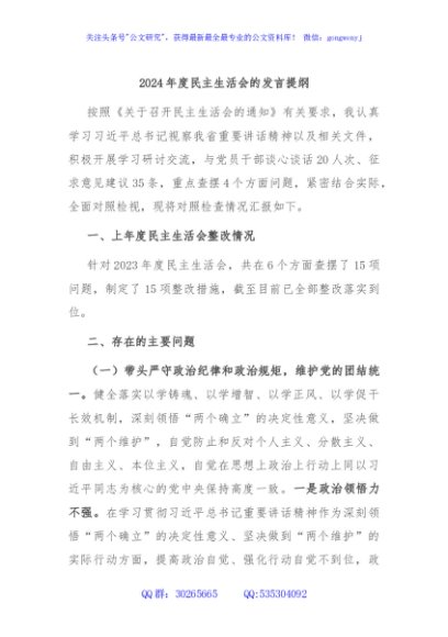 2024年度民主生活会的发言提纲