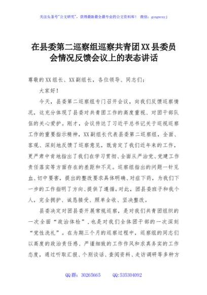 在县委第二巡察组巡察共青团XX县委员会情况反馈会议上的表态讲话