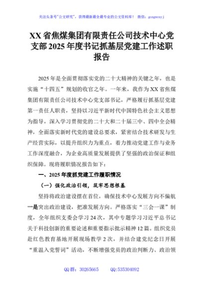XX省焦煤集团有限责任公司技术中心党支部2025年度书记抓基层党建工作述职报告