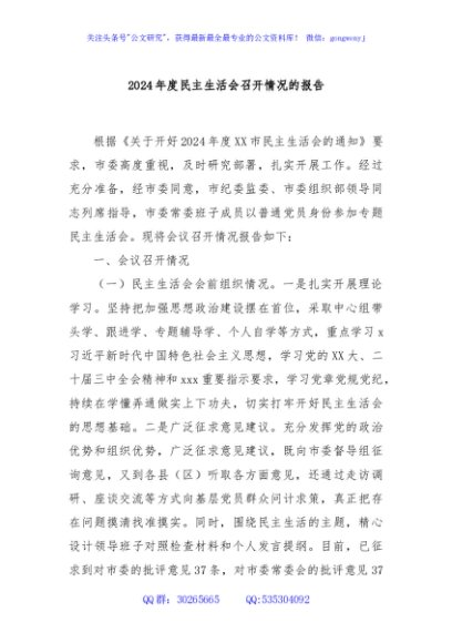 2024年度民主生活会召开情况的报告