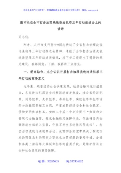 副市长在全市打击治理洗钱违法犯罪三年行动推进会上的讲话