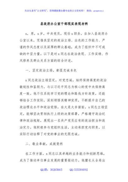 县政府办公室干部现实表现材料