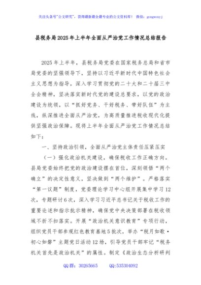 县税务局2025年上半年全面从严治党工作情况总结报告