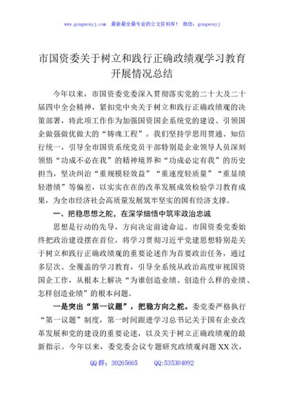 市国资委关于树立和践行正确政绩观学习教育开展情况总结