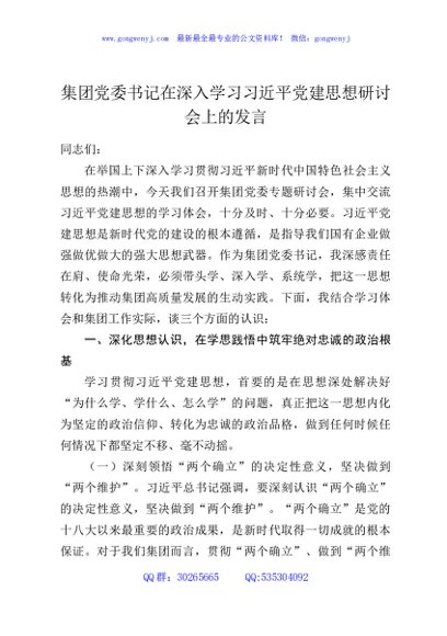 集团党委书记在深入学习习近平党建思想研讨会上的发言