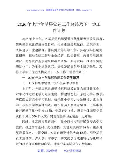 2026年上半年基层党建工作总结及下一步工作计划