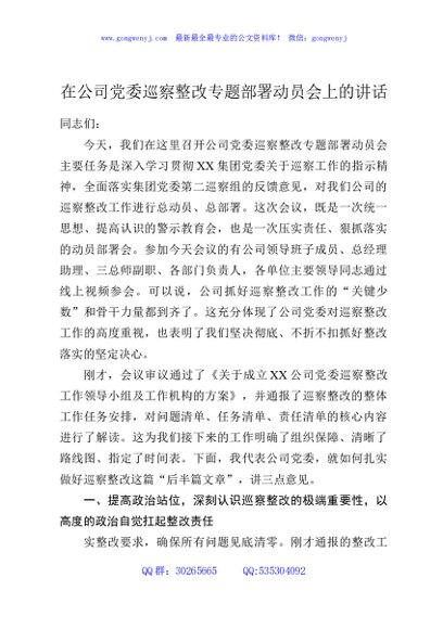在公司党委巡察整改专题部署动员会上的讲话