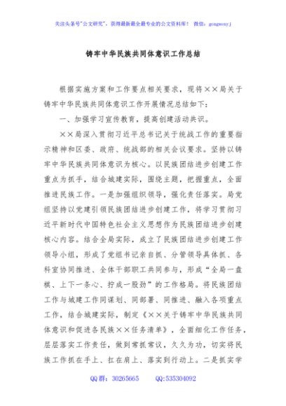 铸牢中华民族共同体意识工作总结