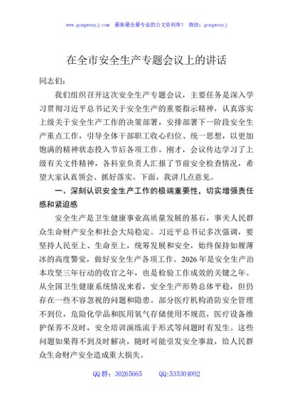 在全市安全生产专题会议上的讲话