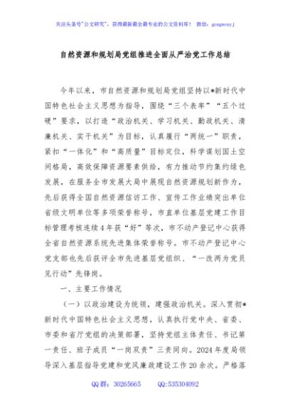 自然资源和规划局党组推进全面从严治党工作总结