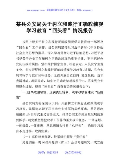 某县公安局关于树立和践行正确政绩观学习教育“回头看”情况报告2