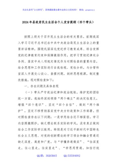 2024年县政府民主生活会个人发言提纲（四个带头）