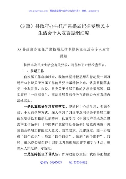（3篇）县政府办主任严肃换届纪律专题民主生活会个人发言提纲汇编