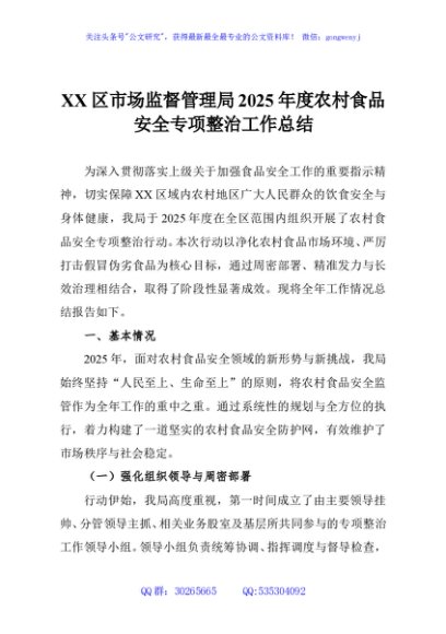 XX区市场监督管理局2025年度农村食品安全专项整治工作总结
