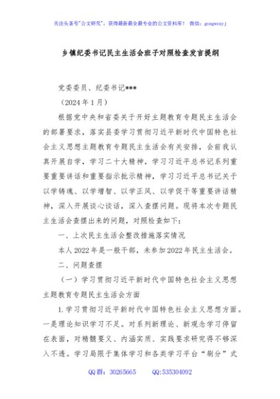 乡镇纪委书记民主生活会班子对照检查发言提纲