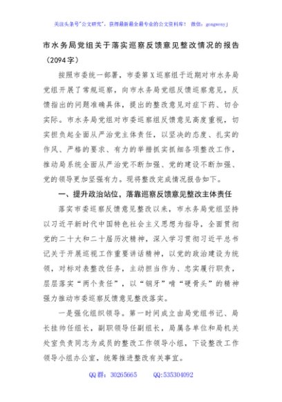 市水务局党组关于落实巡察反馈意见整改情况的报告