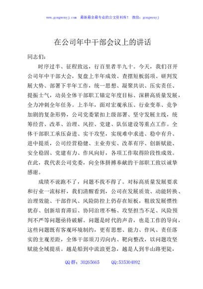 在公司年中干部会议上的讲话