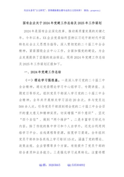 国有企业关于2024年党建工作总结及2025年工作谋划