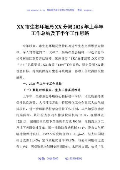 XX市生态环境局XX分局2026年上半年工作总结及下半年工作思路