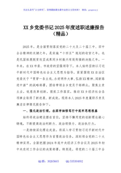 XX乡党委书记2025年度述职述廉报告（精品）