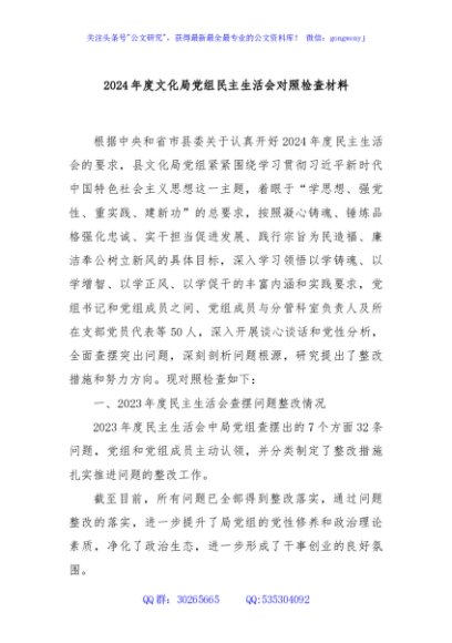 2024年度文化局党组民主生活会对照检查材料