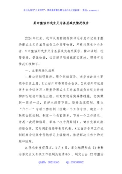 某市整治形式主义为基层减负情况报告
