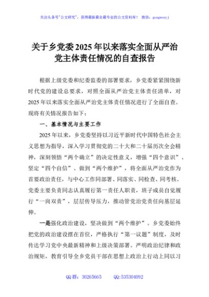 关于乡党委2025年以来落实全面从严治党主体责任情况的自查报告