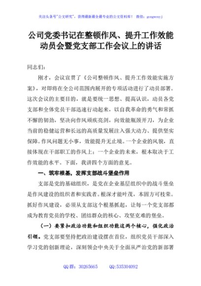 公司党委书记在整顿作风、提升工作效能动员会暨党支部工作会议上的讲话