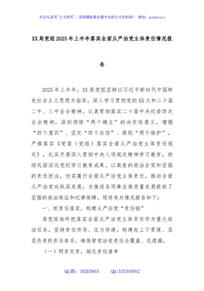 XX局党组2025年上半年落实全面从严治党主体责任情况报告