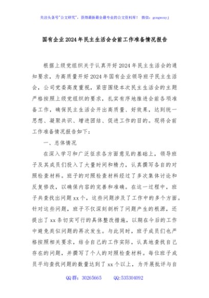 国有企业2024年民主生活会会前工作准备情况报告